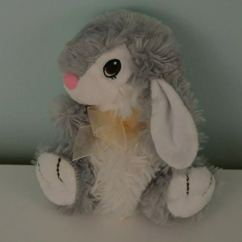 Dan Dee Gray White Bunny Rabbit Plush Stuffed Animal Floppy Ears Bow Pink Nose
